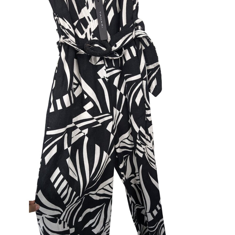 TAHARI Linen Blend Belted Jumpsuit Comfort Relaxed Leisure 4 NEW - Picture 8 of 13